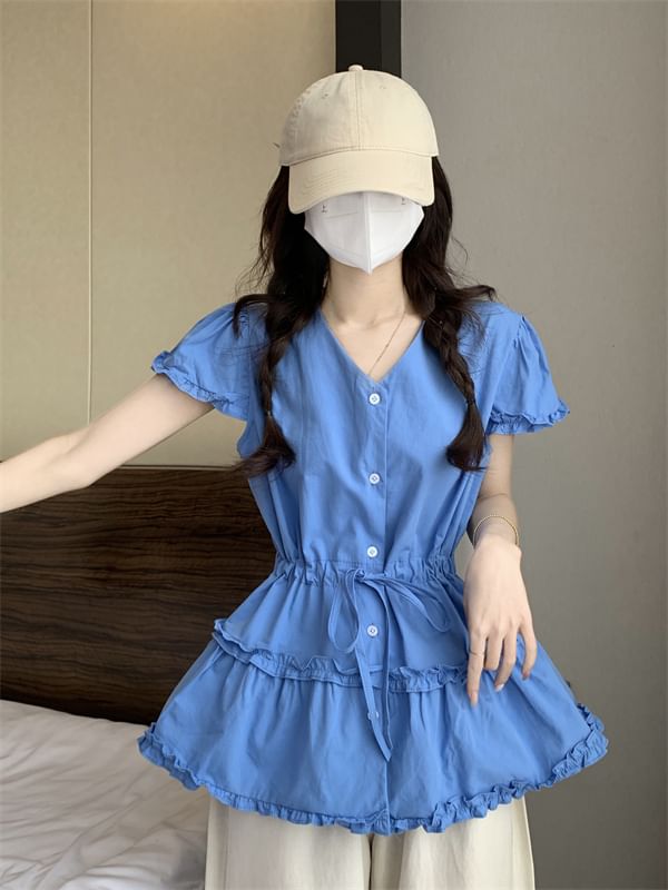 Short-Sleeve V-Neck Frill Trim Plain Flowy Shirt