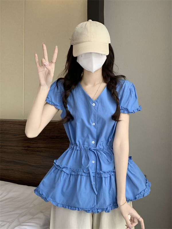 Short-Sleeve V-Neck Frill Trim Plain Flowy Shirt