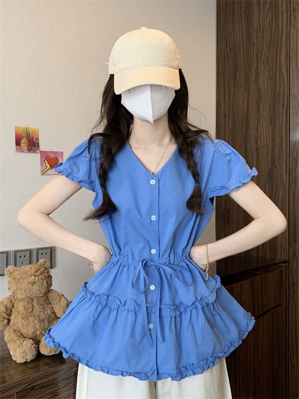 Short-Sleeve V-Neck Frill Trim Plain Flowy Shirt