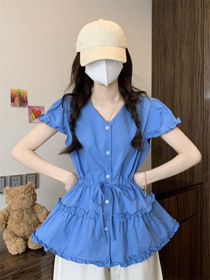 Short-Sleeve V-Neck Frill Trim Plain Flowy Shirt