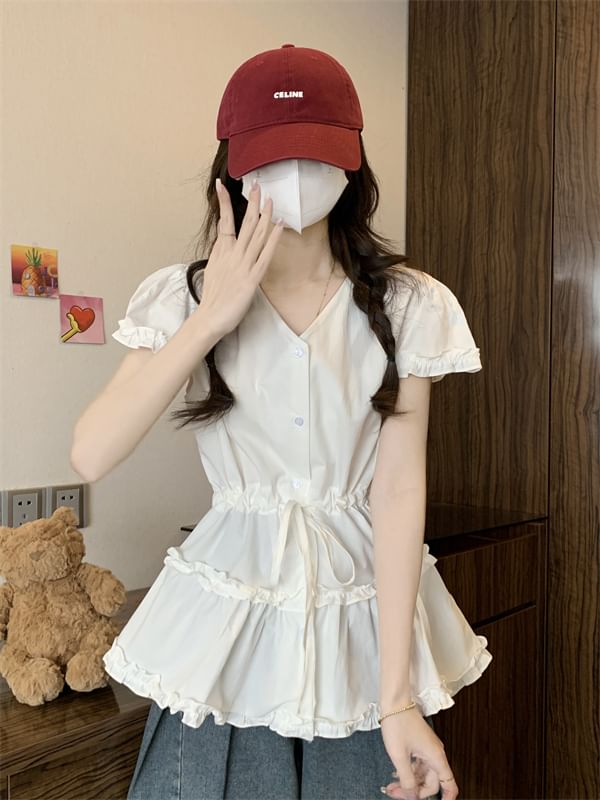 Short-Sleeve V-Neck Frill Trim Plain Flowy Shirt