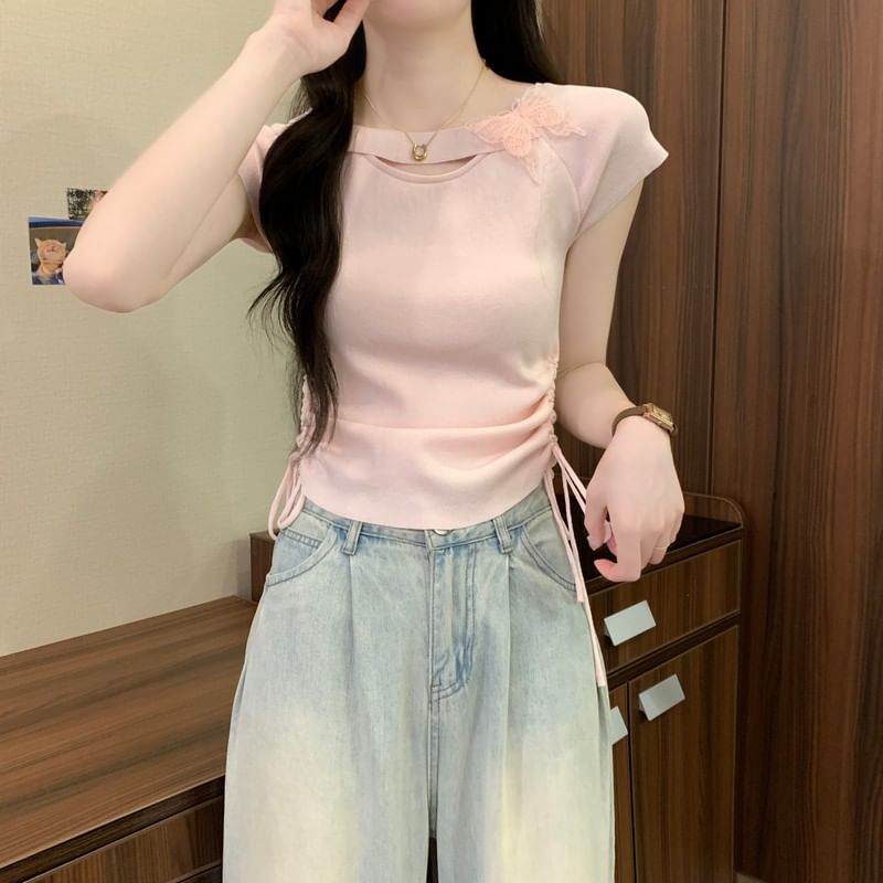 Short-Sleeve Butterfly Accent Plain Tee