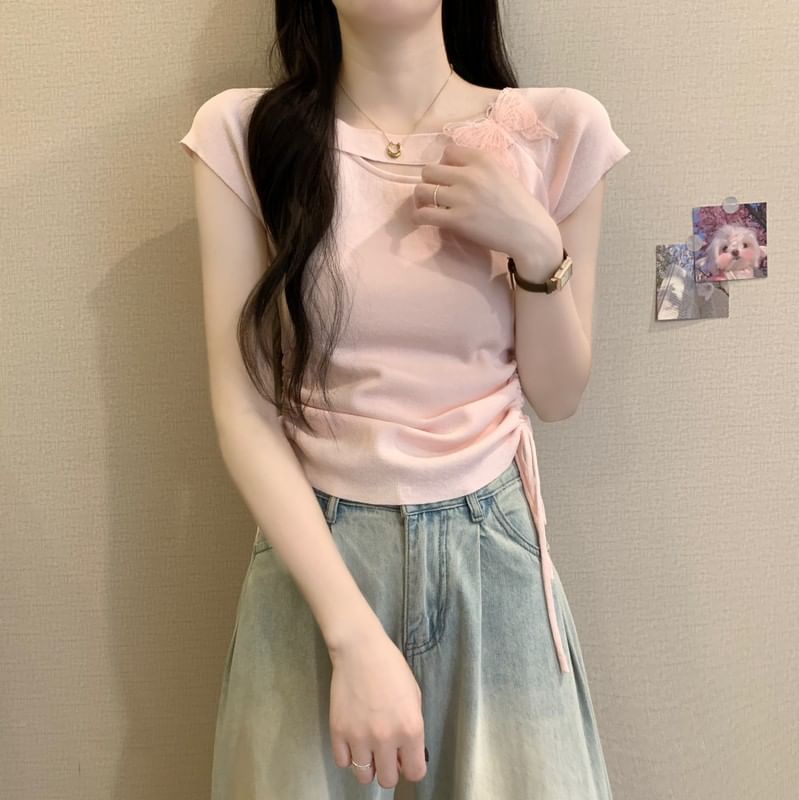 Short-Sleeve Butterfly Accent Plain Tee