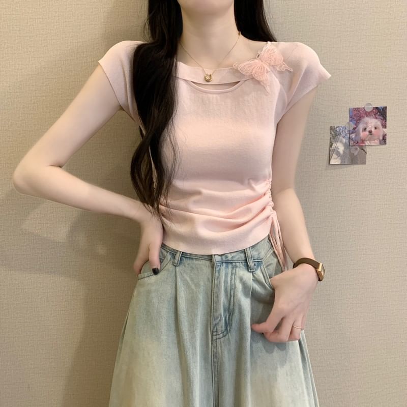 Short-Sleeve Butterfly Accent Plain Tee