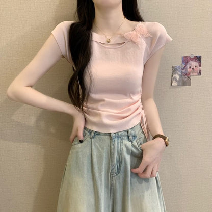 Short-Sleeve Butterfly Accent Plain Tee