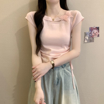 Short-Sleeve Butterfly Accent Plain Tee