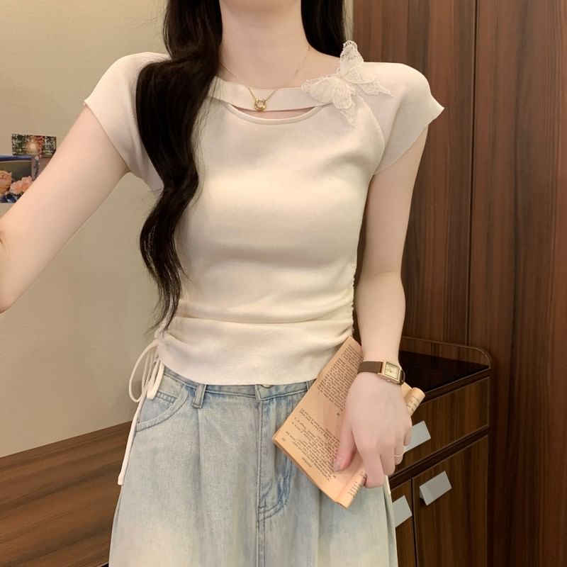 Short-Sleeve Butterfly Accent Plain Tee