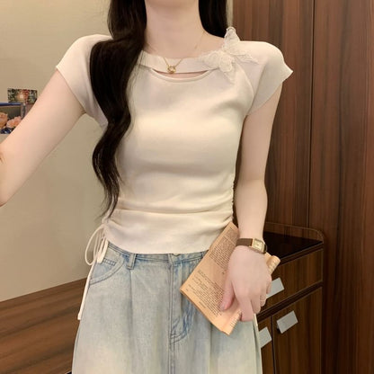 Short-Sleeve Butterfly Accent Plain Tee