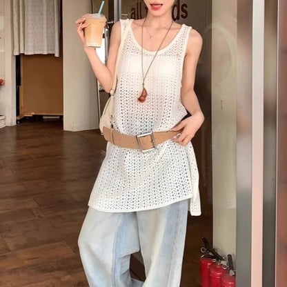 Sleeveless Slit Hem Plain Knit Top