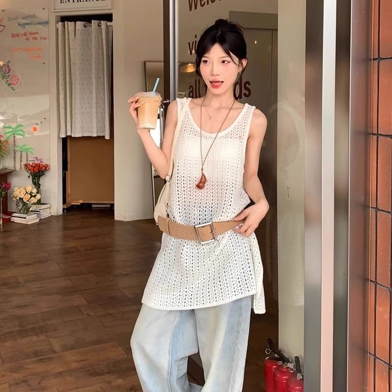 Sleeveless Slit Hem Plain Knit Top