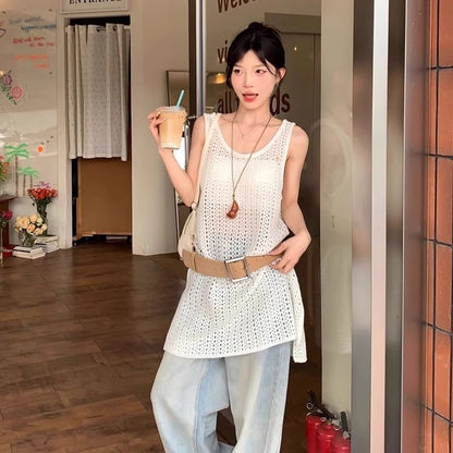 Sleeveless Slit Hem Plain Knit Top