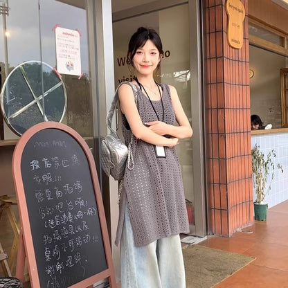 Sleeveless Slit Hem Plain Knit Top