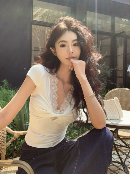 Cap-Sleeve V-Neck Lace Trim Crop Top