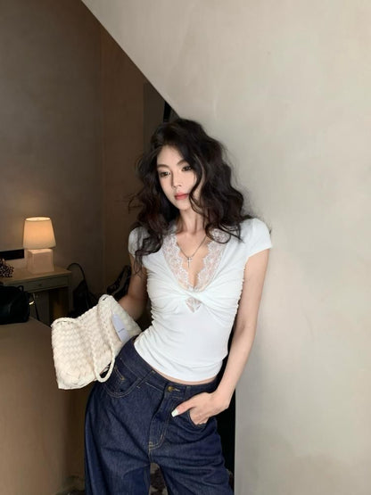 Cap-Sleeve V-Neck Lace Trim Crop Top