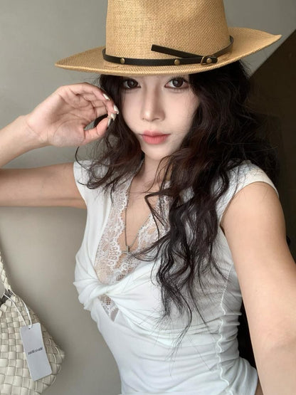 Cap-Sleeve V-Neck Lace Trim Crop Top