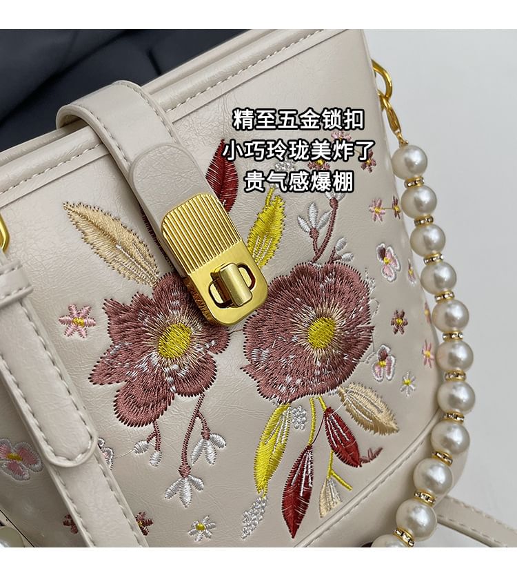 Floral Embroidered Faux Pearl Strap Bucket Bag