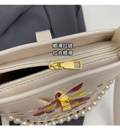 Floral Embroidered Faux Pearl Strap Bucket Bag