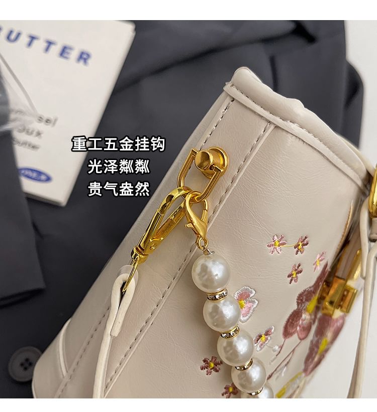 Floral Embroidered Faux Pearl Strap Bucket Bag