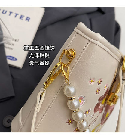 Floral Embroidered Faux Pearl Strap Bucket Bag