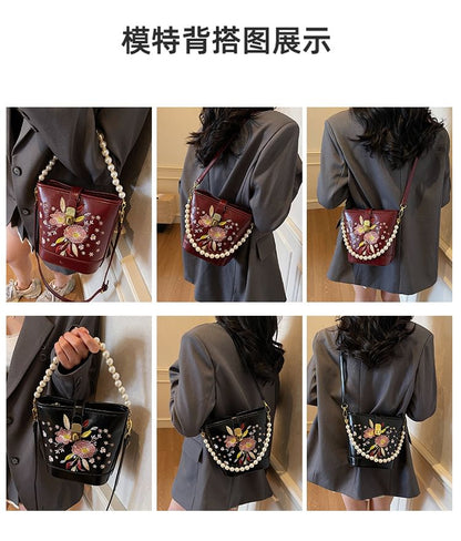 Floral Embroidered Faux Pearl Strap Bucket Bag