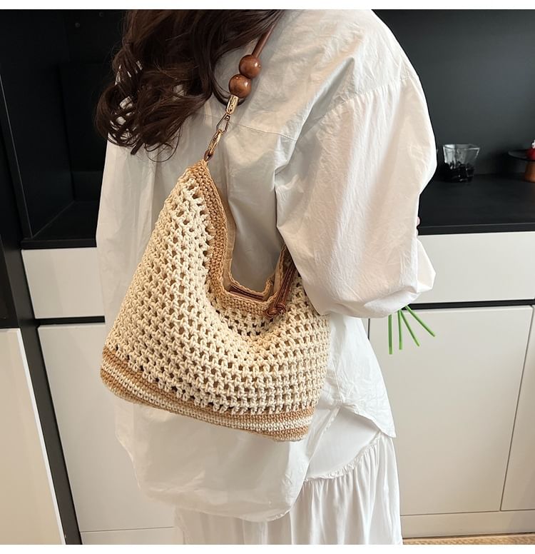 Beaded Strap Woven Tote Bag