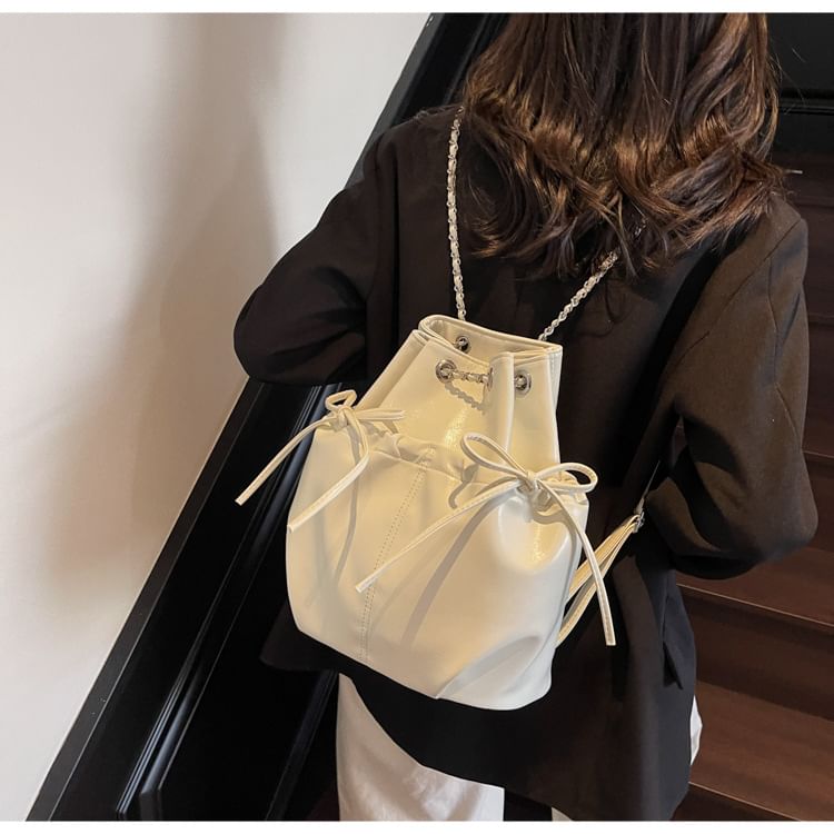 Chain Strap Plain Bow Faux Leather Backpack