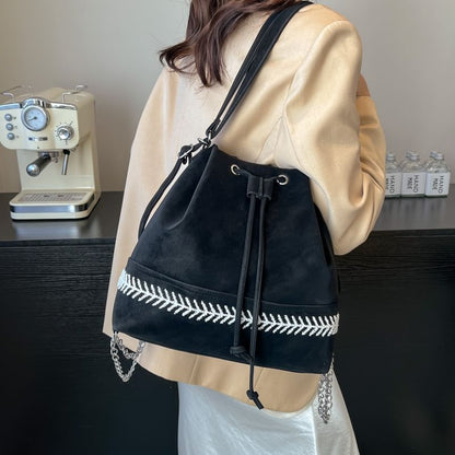 Two Tone Drawstring Faux Leather Bucket Bag