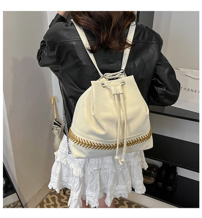Two Tone Drawstring Faux Leather Bucket Bag
