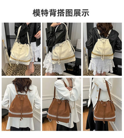 Two Tone Drawstring Faux Leather Bucket Bag