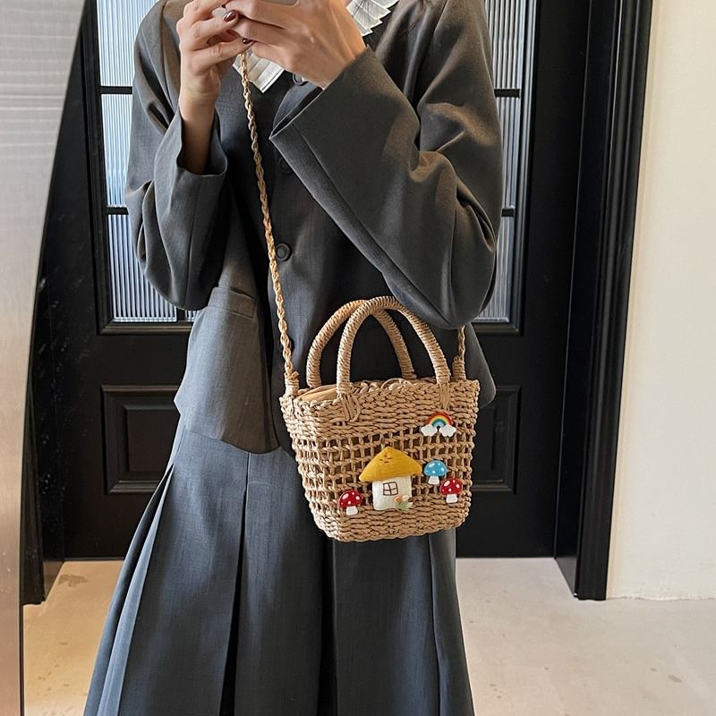 Top Handle Mushroom Applique Straw Crossbody Bag