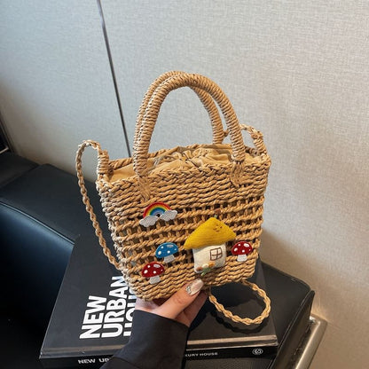 Top Handle Mushroom Applique Straw Crossbody Bag