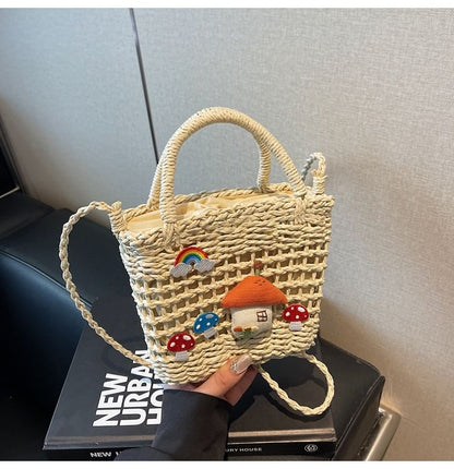 Top Handle Mushroom Applique Straw Crossbody Bag