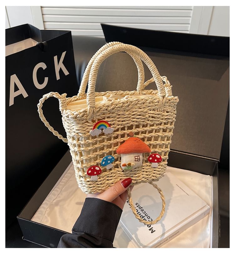 Top Handle Mushroom Applique Straw Crossbody Bag
