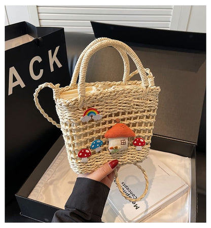 Top Handle Mushroom Applique Straw Crossbody Bag