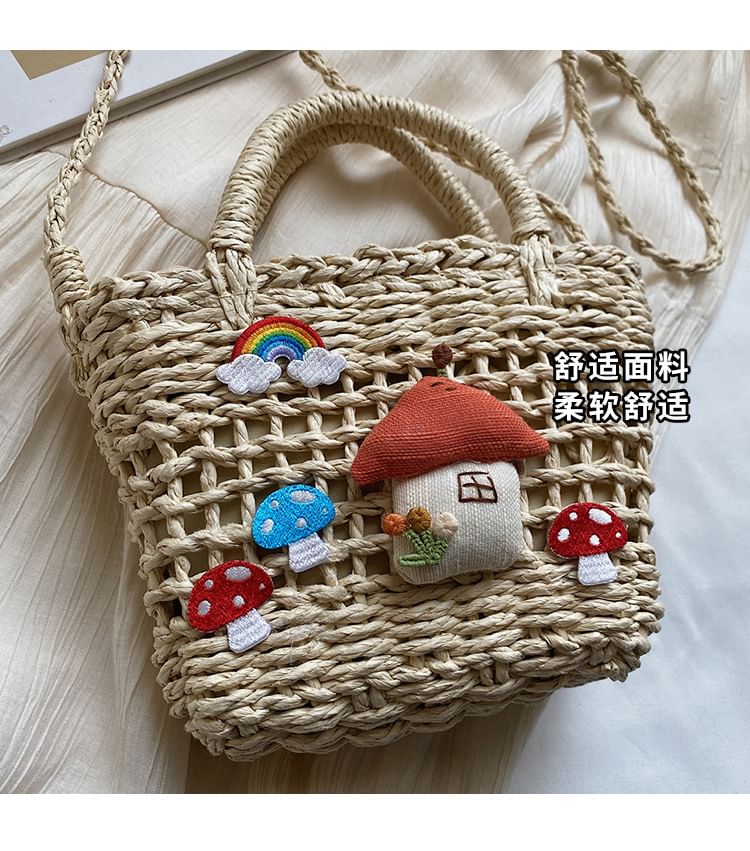 Top Handle Mushroom Applique Straw Crossbody Bag