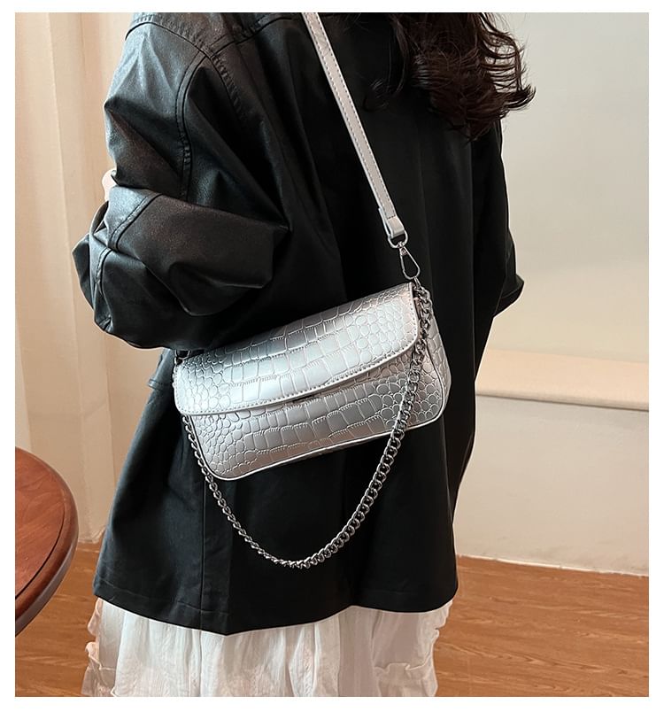 Chain Strap Textured Faux Leather Flap Crossbody Bag