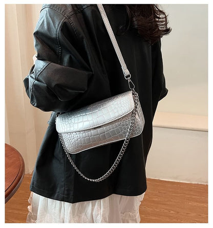 Chain Strap Textured Faux Leather Flap Crossbody Bag