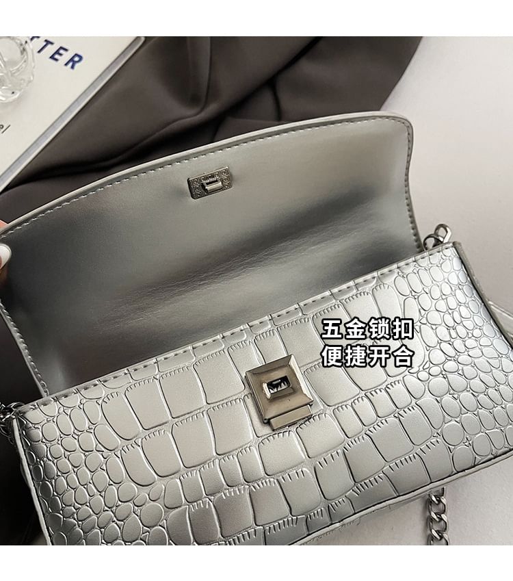 Chain Strap Textured Faux Leather Flap Crossbody Bag