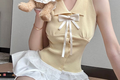 Collared Lace Panel Bow Accent Button-Up Tank Top
