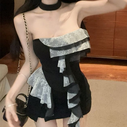 Strapless Asymmetrical Lace Panel Ruffle Slit Mini Dress