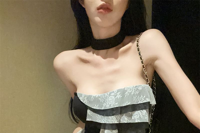 Strapless Asymmetrical Lace Panel Ruffle Slit Mini Dress