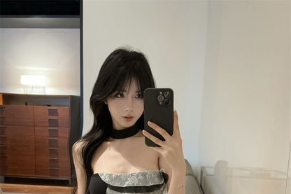 Strapless Asymmetrical Lace Panel Ruffle Slit Mini Dress