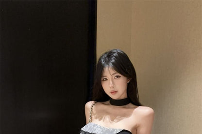 Strapless Asymmetrical Lace Panel Ruffle Slit Mini Dress