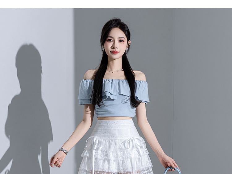 High Waist Bow Accent Tiered Lace Mini A-Line Skirt