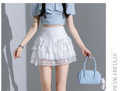 High Waist Bow Accent Tiered Lace Mini A-Line Skirt