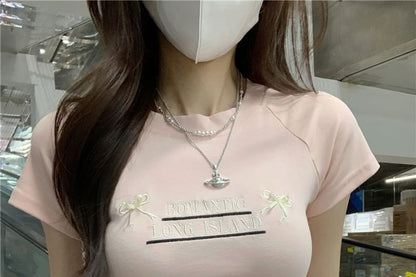 Short-Sleeve Round Neck Lettering Embroidered Bow Accent Cutout Crop Tee
