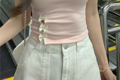 Short-Sleeve Round Neck Lettering Embroidered Bow Accent Cutout Crop Tee