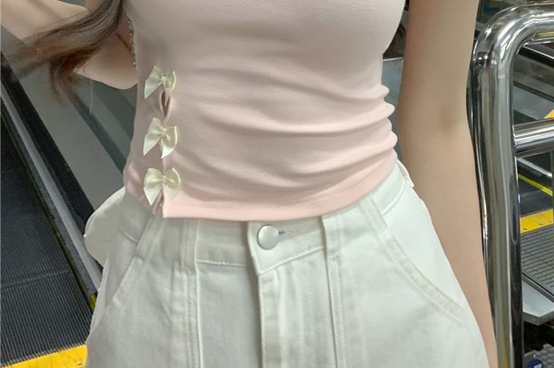 Short-Sleeve Round Neck Lettering Embroidered Bow Accent Cutout Crop Tee