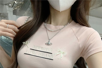 Short-Sleeve Round Neck Lettering Embroidered Bow Accent Cutout Crop Tee