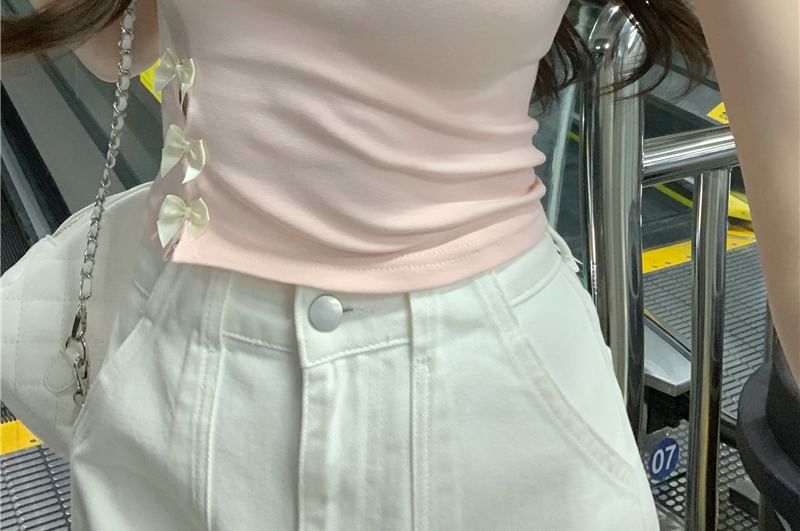 Short-Sleeve Round Neck Lettering Embroidered Bow Accent Cutout Crop Tee